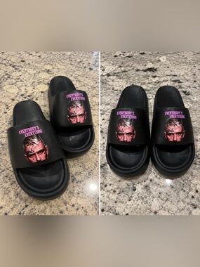 Black Slide Sandals with Pink Graphic Text - Everybody's Everything Lil peep